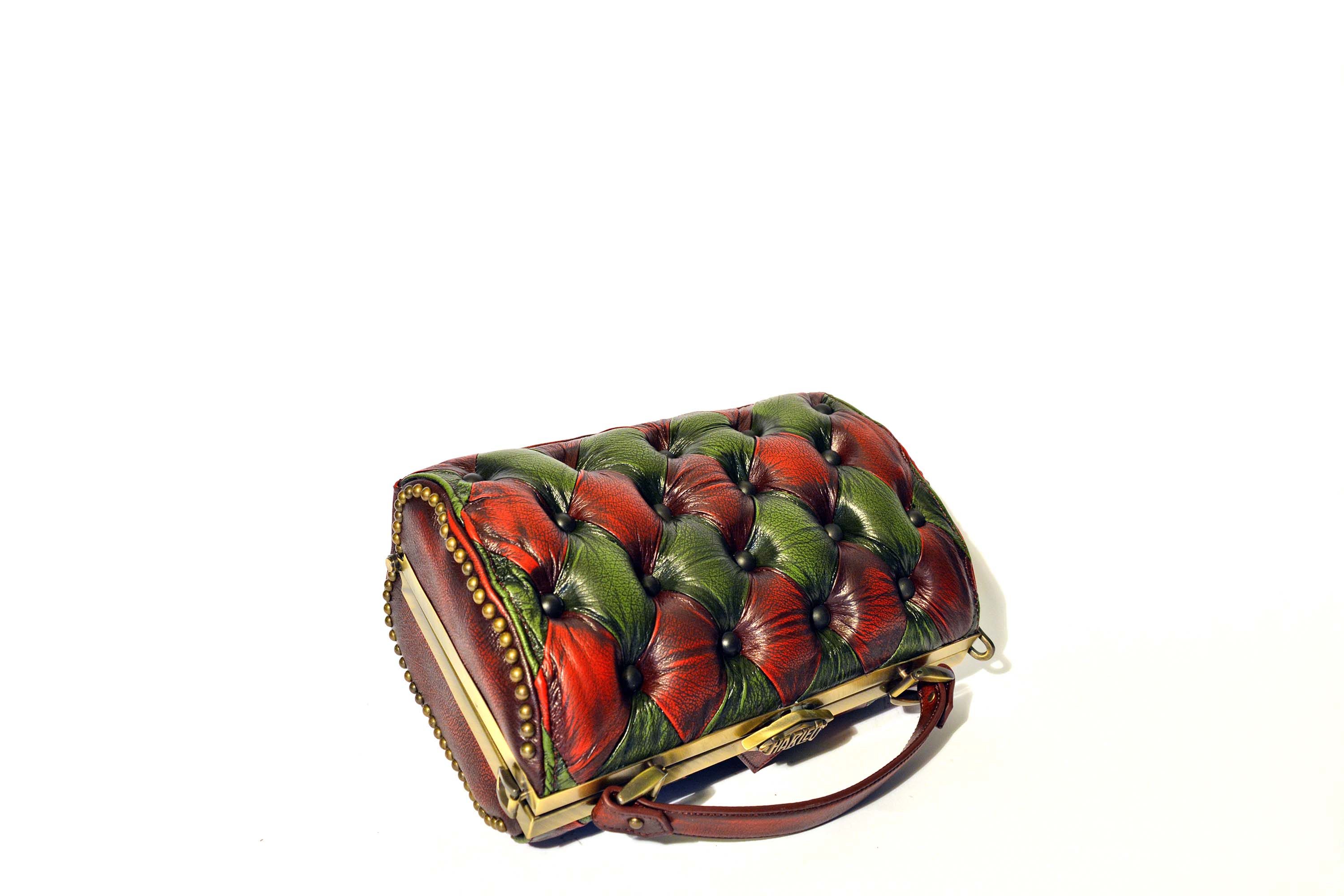 green red handbag leather