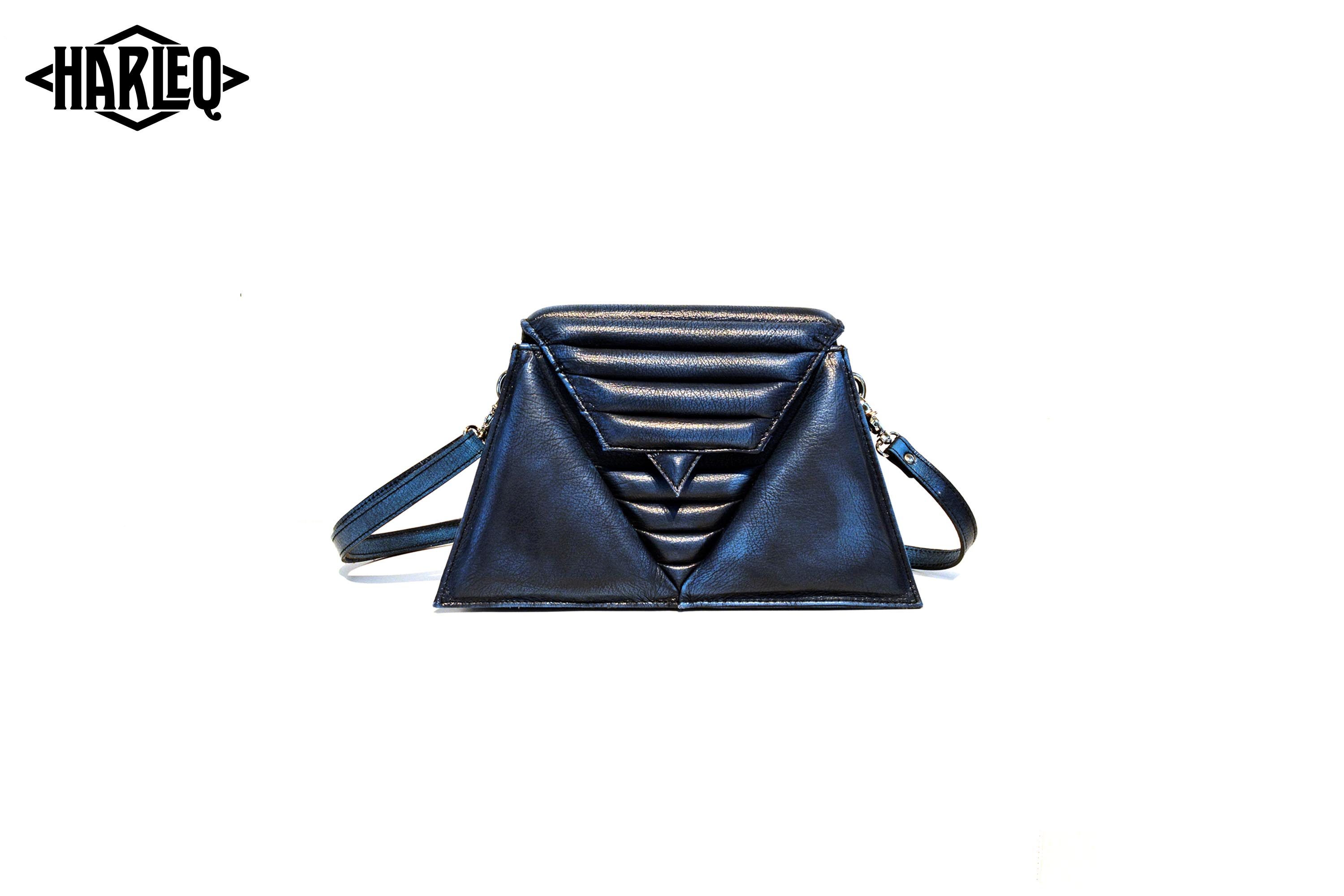 harleq luxury blue eather triangles bag